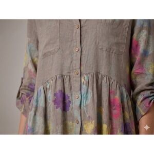 Made In Italy 100% Linen Art Tunic Top Watercolor Floral Peplum Lagenlook M/L